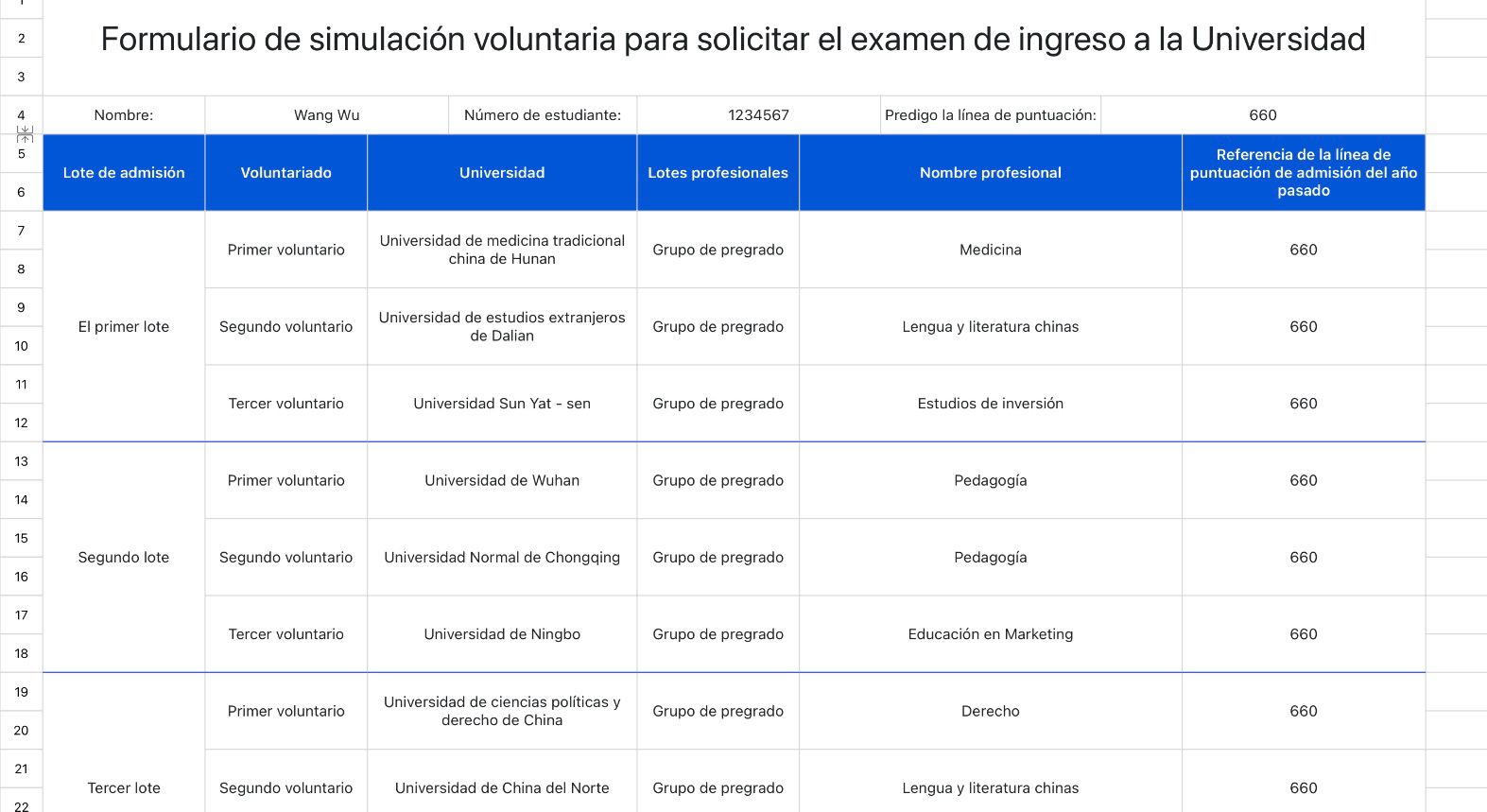 Formulario de simulación voluntaria para solicitar el examen de ingreso a la Universidad